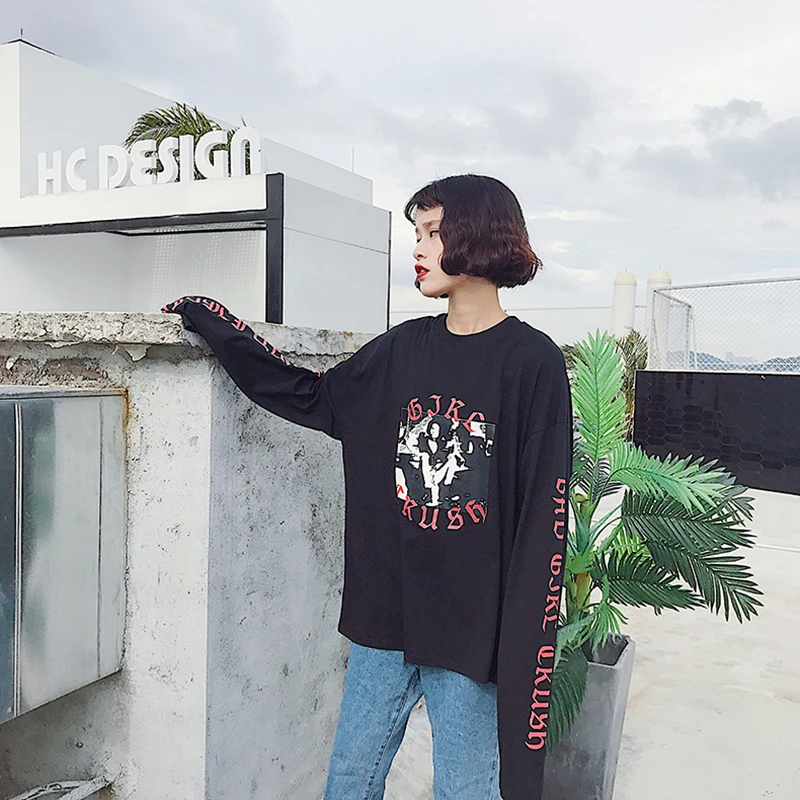 Jielur Harajuku BF Autumn New Women's T-shirts Loose Letter Print Full Sleeve Top Korean Pop Street Fashion Female T-shirt M-XXL | Женская