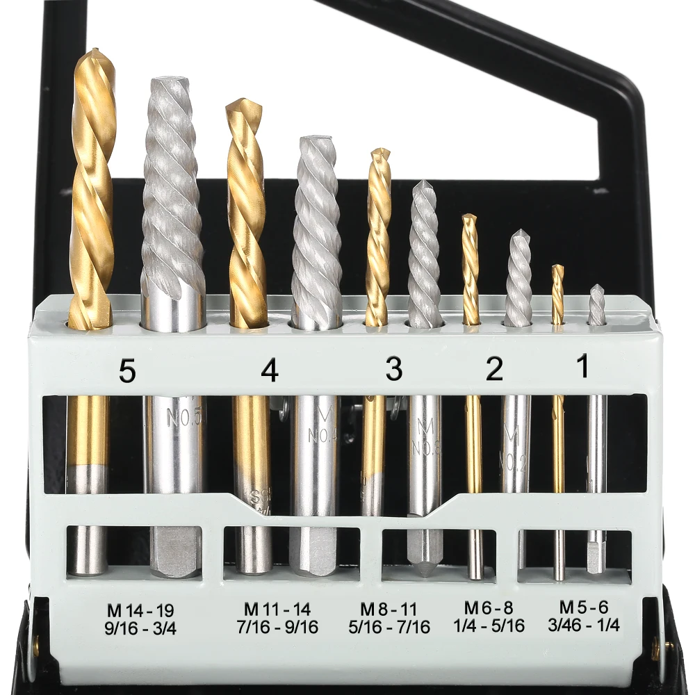 10pcs Cobalt Left Hand Drill Bit set + Broken Bolt Damaged Screw Extractor Set +Metal Case Quality herramientas perforator tools
10pcs Cobalt Left Hand Drill Bit set + Broken Bolt Damaged Screw Extractor Set +Metal Case Quality herramientas perforator tools