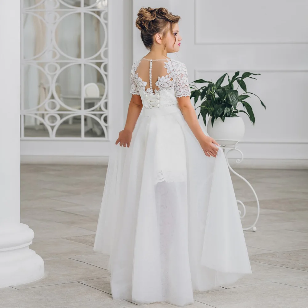 Elegant White Lace flower girl dresses for weddings with Removable Skirt Short Sleeves First communion dresses AB27
Elegant White Lace flower girl dresses for weddings with Removable Skirt Short Sleeves First communion dresses AB27