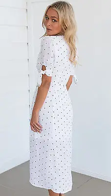 Womens Boho Floral Short Sleeve Summer Dot V -Neck Sexy White Beach Dress Evening Party Beach Dresses New