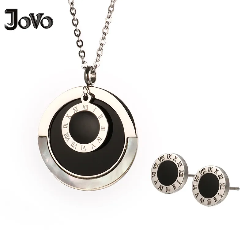 

Stainless Steel Jewelry Set Charming Silver Color Roman Numeral Round Necklace & Earrings for Women Female boucle d'oreille