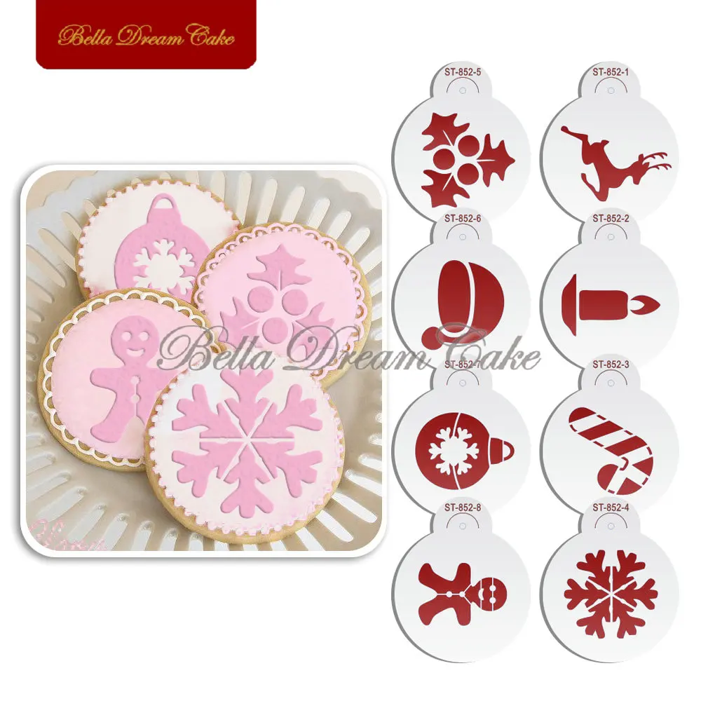 

8pc Merry Christmas Gift Socks Design Cookies Stencil Coffee template Stencils Fondant sugarcraft Cake Decorating Tools Bakeware