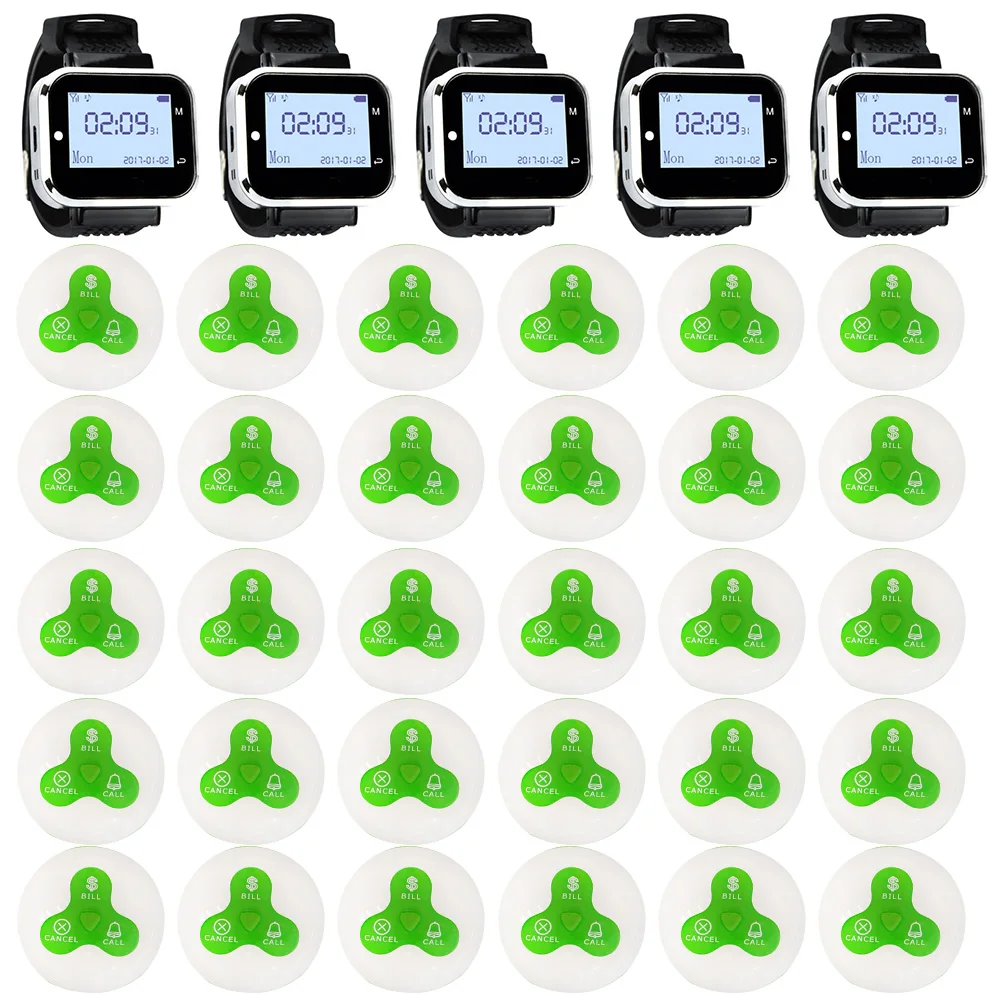 JINGLE BELLS Wireless Calling System 30 Calling Buttons 5 Watch Pager for Restaurant, cafe Service Call Bells,catering equipment
JINGLE BELLS Wireless Calling System 30 Calling Buttons 5 Watch Pager for Restaurant, cafe Service Call Bells,catering equipment