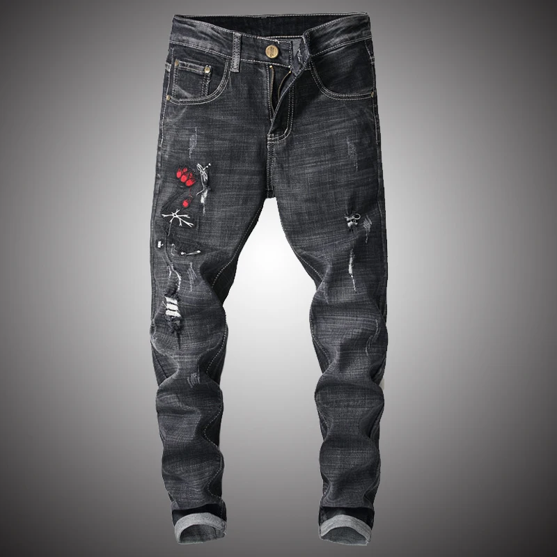 Men's Flower Embroidery Casual Jeans 2019 Black Slim fit Holes Ripped Distressed Jeans Denim Pants Vintage Long Trousers WY247
Men's Flower Embroidery Casual Jeans 2019 Black Slim fit Holes Ripped Distressed Jeans Denim Pants Vintage Long Trousers WY247