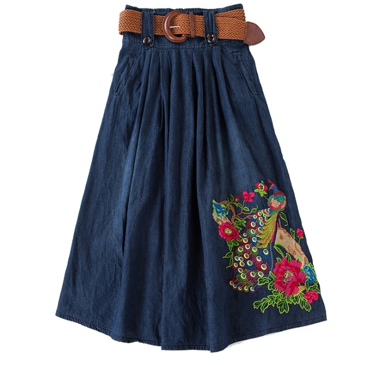 New Woman Denim Skirts Peacock Embroidery With Belt Pleated Skirt S-6XL Fit For 40kg-90kg
New Woman Denim Skirts Peacock Embroidery With Belt Pleated Skirt S-6XL Fit For 40kg-90kg