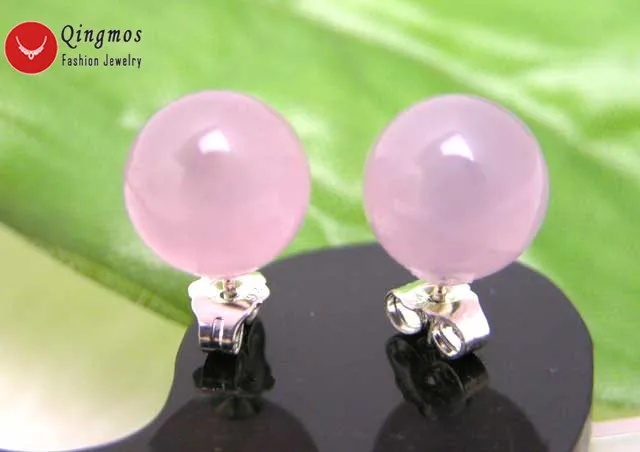 Qingmos Trendy Pink Jades Earrings for Women with 8mm Round Natural Stone Sterling Silver S925 Stud Earring Jewelry ea133 | Украшения и