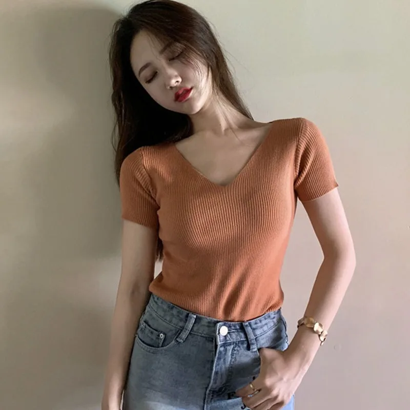 Summer Women Knitted Short Sleeved T-shirt Chic Solid Color Slim Tee Shirt Korean Version Tops
Summer Women Knitted Short Sleeved T-shirt Chic Solid Color Slim Tee Shirt Korean Version Tops