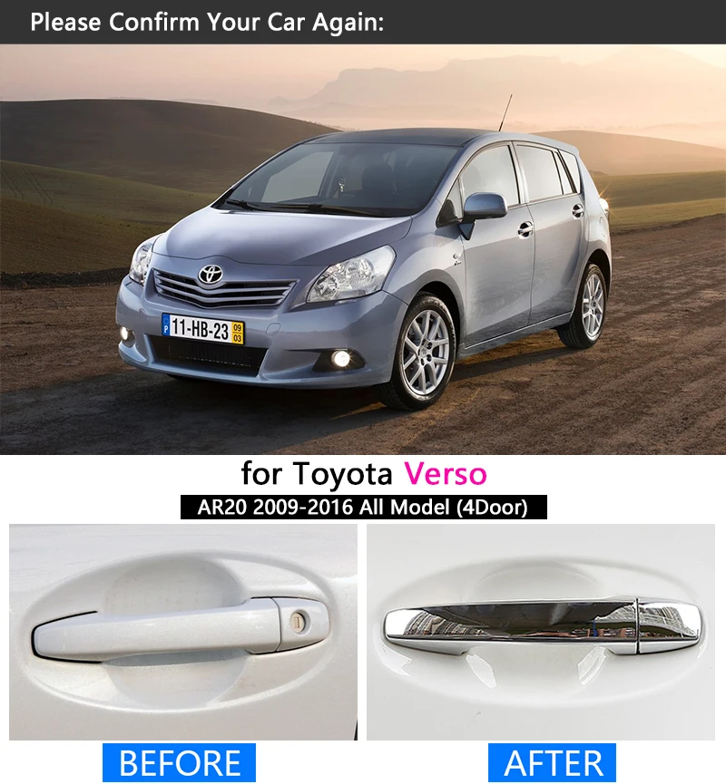 For Toyota Verso AR20 2009 2010 2011 2012 2013 2014 2015 2016 Chrome Car Door Handle Cover Pad Sticker Car Styling
For Toyota Verso AR20 2009 2010 2011 2012 2013 2014 2015 2016 Chrome Car Door Handle Cover Pad Sticker Car Styling