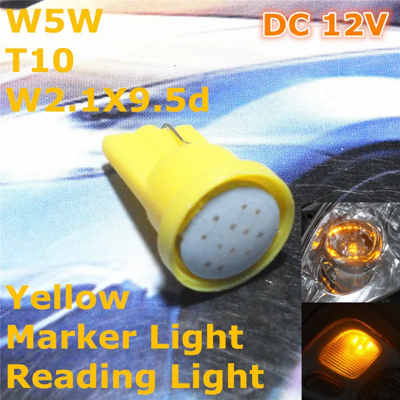 12V светодиодный желтый цвет автомобильная лампа T10 (новый COB лампа) W5W W2.1X9.5d для