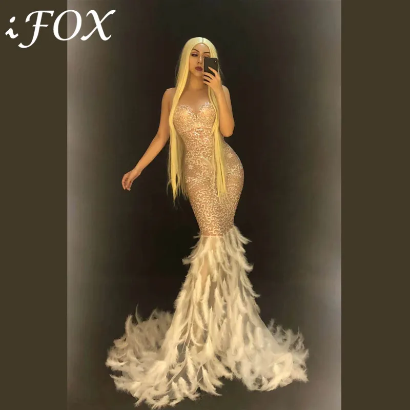 New Arrival Sparkly Rhinestone Mesh See Through Mermaid Dress with Feather Female Singer Stage Show Costume Birthday Party Dress
New Arrival Sparkly Rhinestone Mesh See Through Mermaid Dress with Feather Female Singer Stage Show Costume Birthday Party Dress