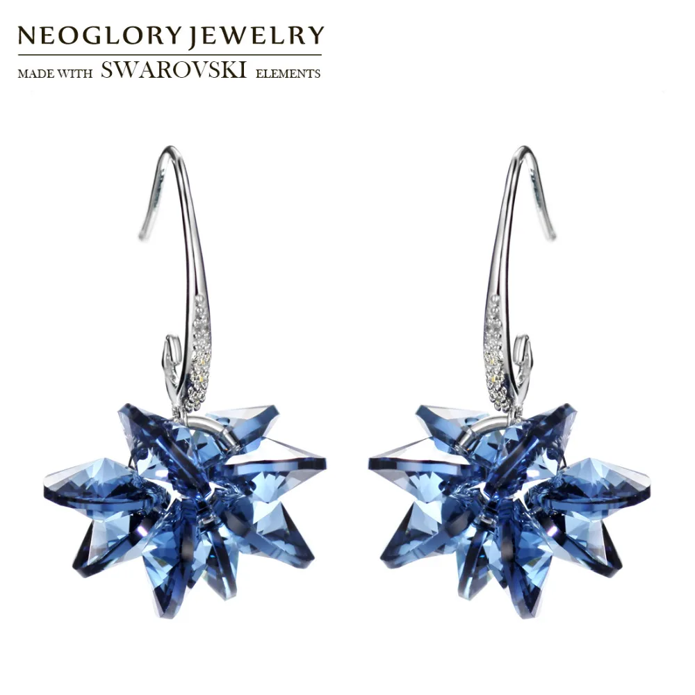 Длинные серьги подвески Neoglory Crystal & стразы в виде синей снежинки украшенные