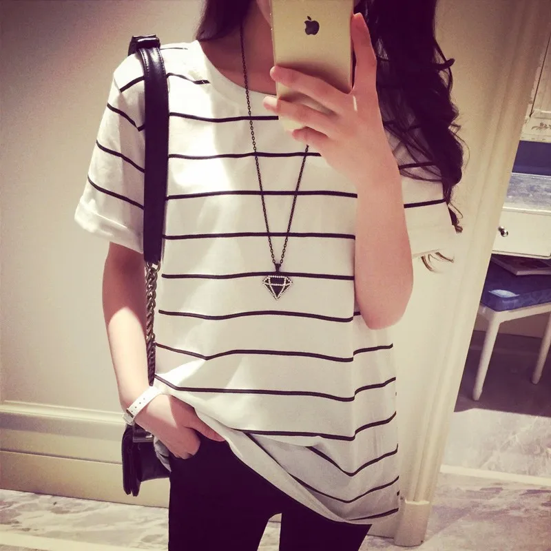 Stripe Women Shirts Casual O-neck Short Sleeves Loose Tops High Street T-shirts