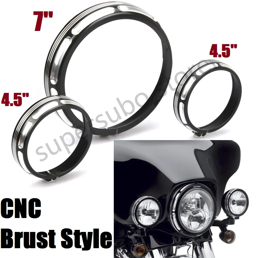 CNC Brust style 7 inch headlight trim + 4.5 inch passing light trim for harley touring models
CNC Brust style 7 inch headlight trim + 4.5 inch passing light trim for harley touring models