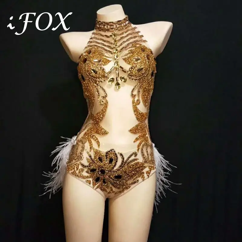 Gold Silver Rhinestones Halter See Through Mesh Bodysuit Feather Tail Outfit Birthday Celebrate Nightclub Singer Dance Outfit
Gold Silver Rhinestones Halter See Through Mesh Bodysuit Feather Tail Outfit Birthday Celebrate Nightclub Singer Dance Outfit