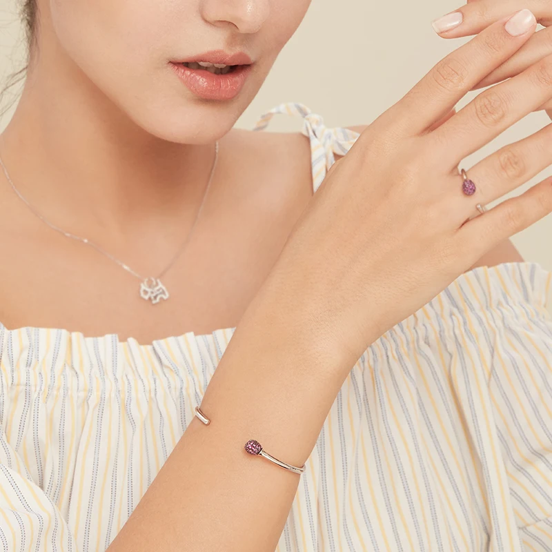 Simple Open Bangle with Pave Caps S925 Sterling Silver Bracelet Red Zircon Jewelry Gift zk40 | Украшения и аксессуары