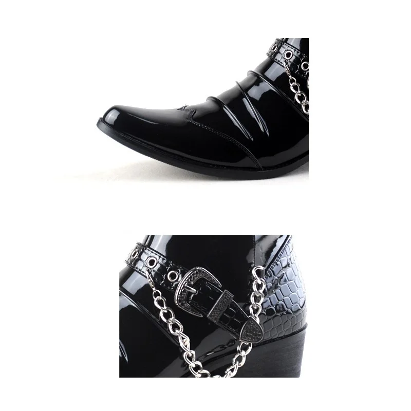 Punk Men Ankle Boots Crocodile Texture Patent Leather Iron Chain Buckle Strap Shoes Western Cowboy Boots Black Pointed Boots Men
Punk Men Ankle Boots Crocodile Texture Patent Leather Iron Chain Buckle Strap Shoes Western Cowboy Boots Black Pointed Boots Men