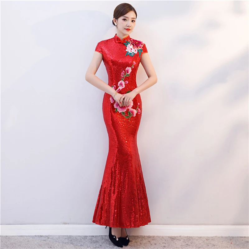 Red Sequined Fishtail Long Cheongsam Dress Women Modern Qipao Chinois Robe Orientale Traditional Chinese Gown Vintage Wedding
Red Sequined Fishtail Long Cheongsam Dress Women Modern Qipao Chinois Robe Orientale Traditional Chinese Gown Vintage Wedding