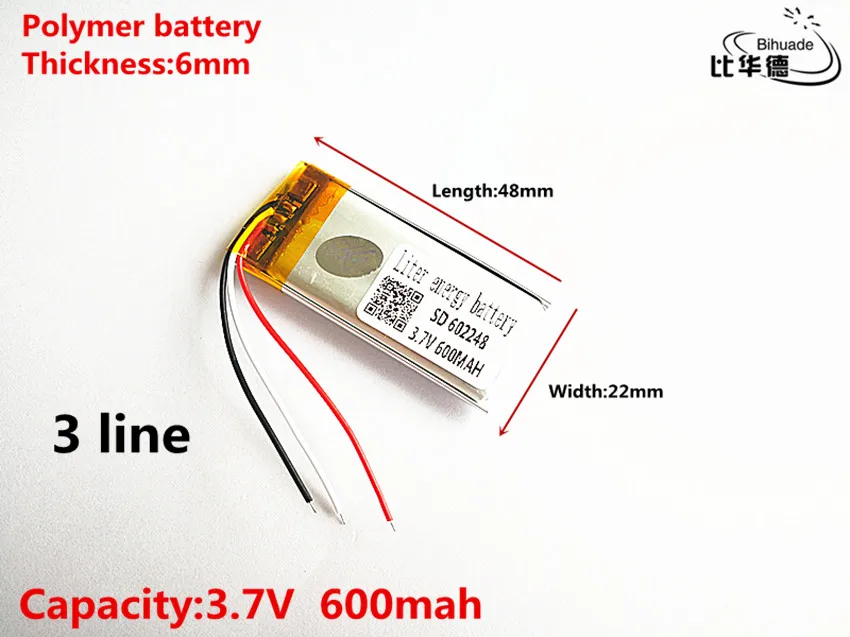 3 line Good Qulity 3.7V,600mAH,602248 Polymer lithium ion / Li-ion battery for TOY,POWER BANK,GPS,mp3,mp4
3 line Good Qulity 3.7V,600mAH,602248 Polymer lithium ion / Li-ion battery for TOY,POWER BANK,GPS,mp3,mp4