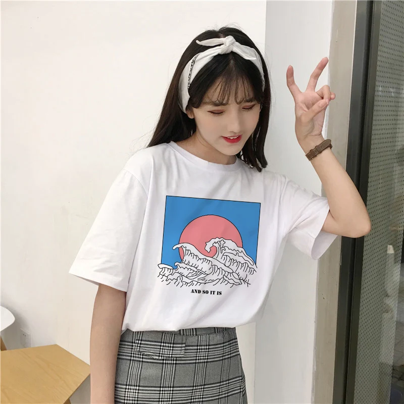 Футболка женская футболка harajuku Японская волна camiseta mujer Новая летняя Модная белая