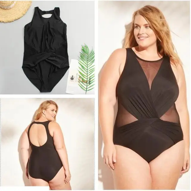 

Plus Size One Piece Swimsuit Push Up Mesh Splice Monokini Large Size Swimwear Sexy Cut Out Swimwear Black Tankini Swimsuits 2019