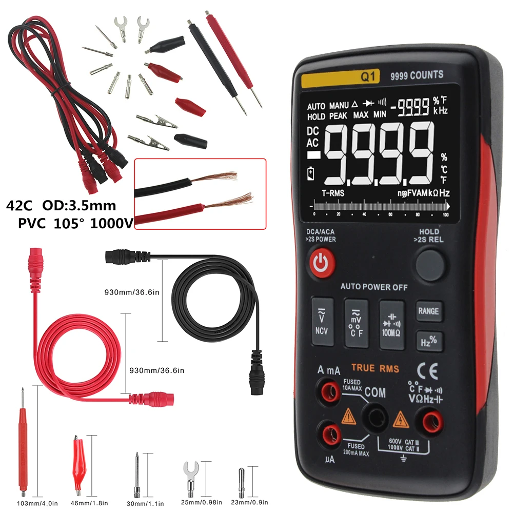 True-RMS AUTO Range Digital Multimeter AC/DC Voltmeter Ammeter 9999 Counts NCV HOLD LCD Backlight Display
True-RMS AUTO Range Digital Multimeter AC/DC Voltmeter Ammeter 9999 Counts NCV HOLD LCD Backlight Display