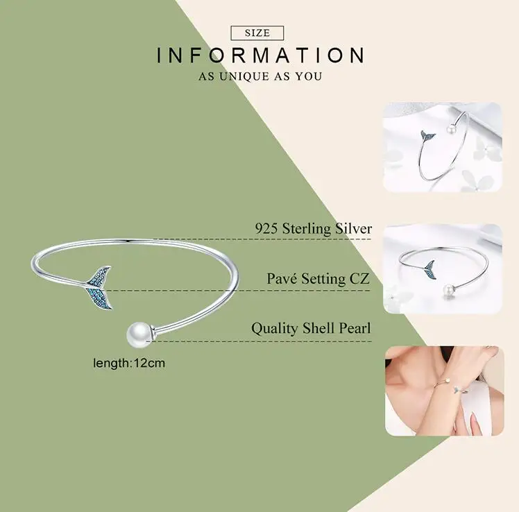 925 Sterling Silver Mermaid's Tail Open Cuff Women Bracelets & Bangles for Women Elegant Silver Chain Jewelry
