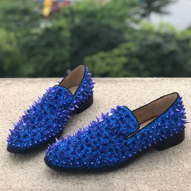 Luxury Blue Glitter Rivets Mens Shoes Top Quality Low Heels Spike Mens Dress Shoes Round Toe Low Heels Loafers Man Flats
Luxury Blue Glitter Rivets Mens Shoes Top Quality Low Heels Spike Mens Dress Shoes Round Toe Low Heels Loafers Man Flats