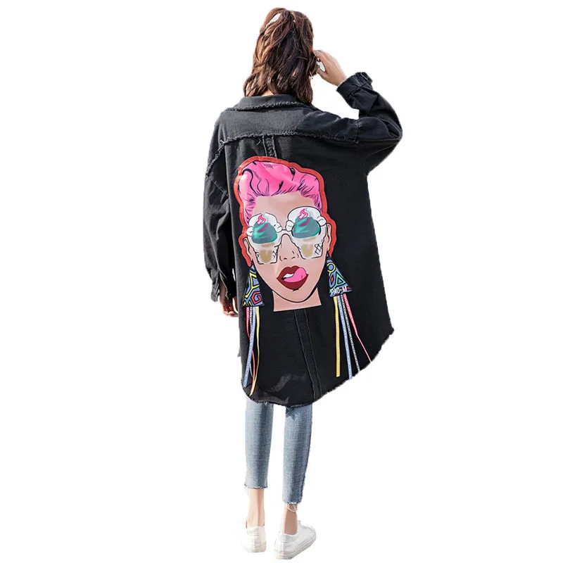 2019 Spring New Pattern Korean Print Turn-down Collar Long Cowboy Loose Single Breasted Coat Woman Windbreaker YH129 | Женская одежда