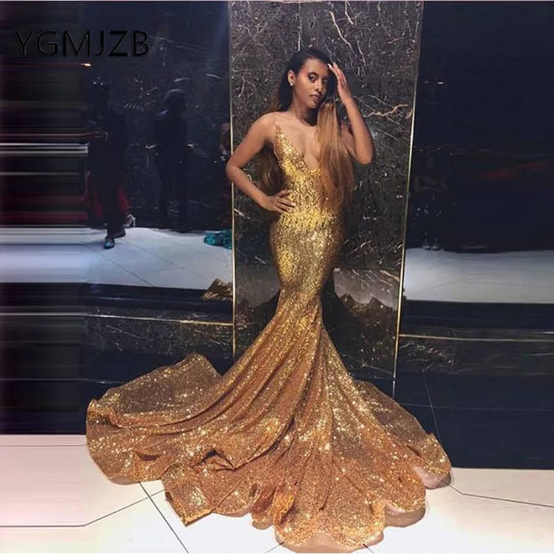 Sparkly Gold Sequined Mermaid Prom Dresses Long V Neck Sexy Backless African Women Formal Evening Party Gowns
Sparkly Gold Sequined Mermaid Prom Dresses Long V Neck Sexy Backless African Women Formal Evening Party Gowns