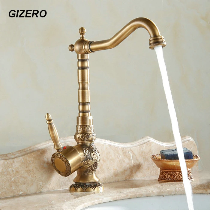 

Bathroom Faucets Antique Brush Carving Basin Sink Mixer Hot And Cold Water Taps Deck Mounted 360 Rotation Mixer Crane ZR208