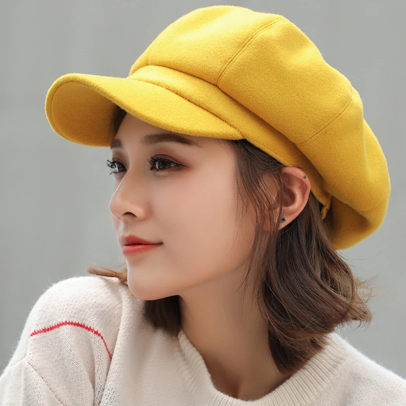 Осень 2019 зимние шапки для женщин однотонная простая восьмиугольная кепка