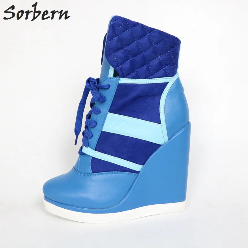 Sorbern Blue Women High Heel Sneaker Wedges Lace Up Ankle Boots Custom Colors Round Toes Sneakers Hidden Wedge Boots 2019
Sorbern Blue Women High Heel Sneaker Wedges Lace Up Ankle Boots Custom Colors Round Toes Sneakers Hidden Wedge Boots 2019
