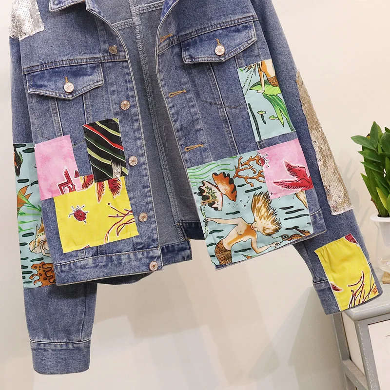 Vintage Print Patch Denim Jacket For Women Fashion Sequins Jeans Coats Lady Loose Irregular Retro Streetwear Jackets
Vintage Print Patch Denim Jacket For Women Fashion Sequins Jeans Coats Lady Loose Irregular Retro Streetwear Jackets