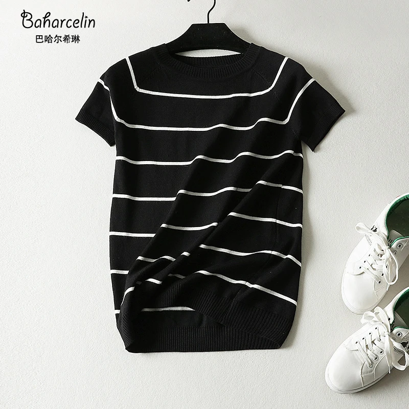 Baharcelin Women Girl Summer short Sleeve Pullovers O neck Knitted sweaters Striped basic Knitwear Outwear Top clothing
Baharcelin Women Girl Summer short Sleeve Pullovers O neck Knitted sweaters Striped basic Knitwear Outwear Top clothing