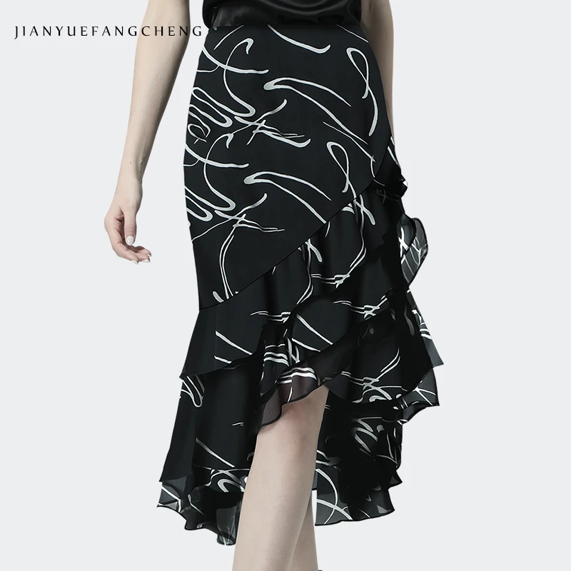Женская шифоновая юбка-русалка Элегантная черная офисная юбка миди с завышенной