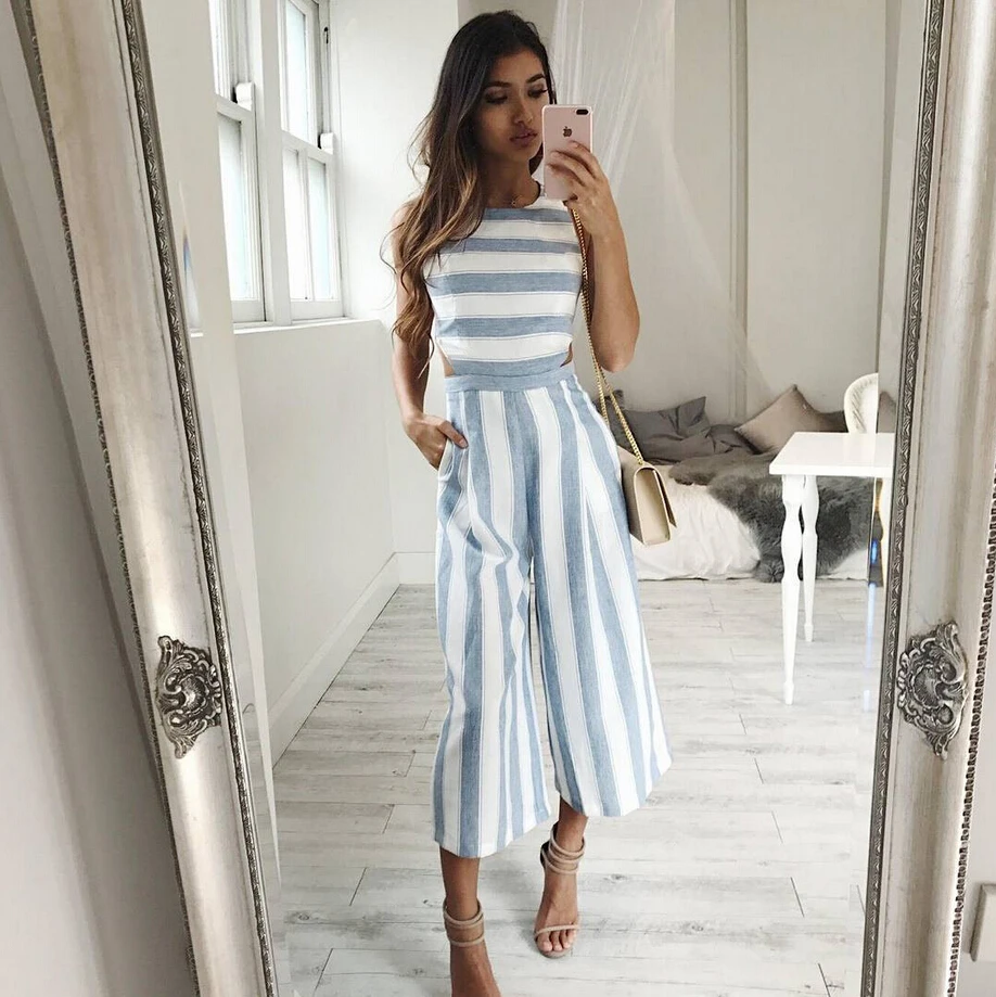 Women Sleeveless Striped Jumpsuit Romper Casual Clubwear Wide Leg Pants Outfits Summer Sleeveless Leotard
Women Sleeveless Striped Jumpsuit Romper Casual Clubwear Wide Leg Pants Outfits Summer Sleeveless Leotard