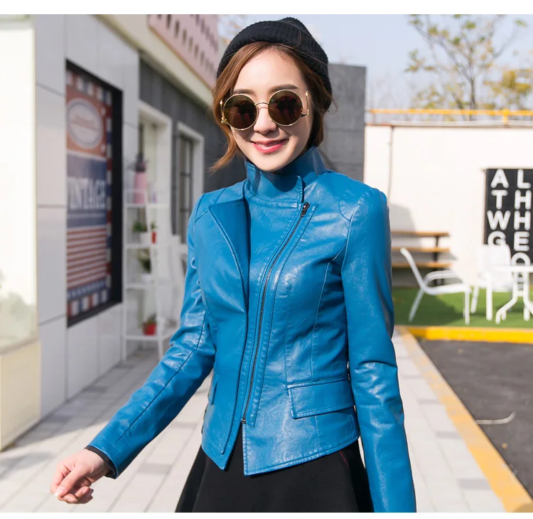 Кожаная женская куртка на весну и осень Корейская облегающая из искусственной