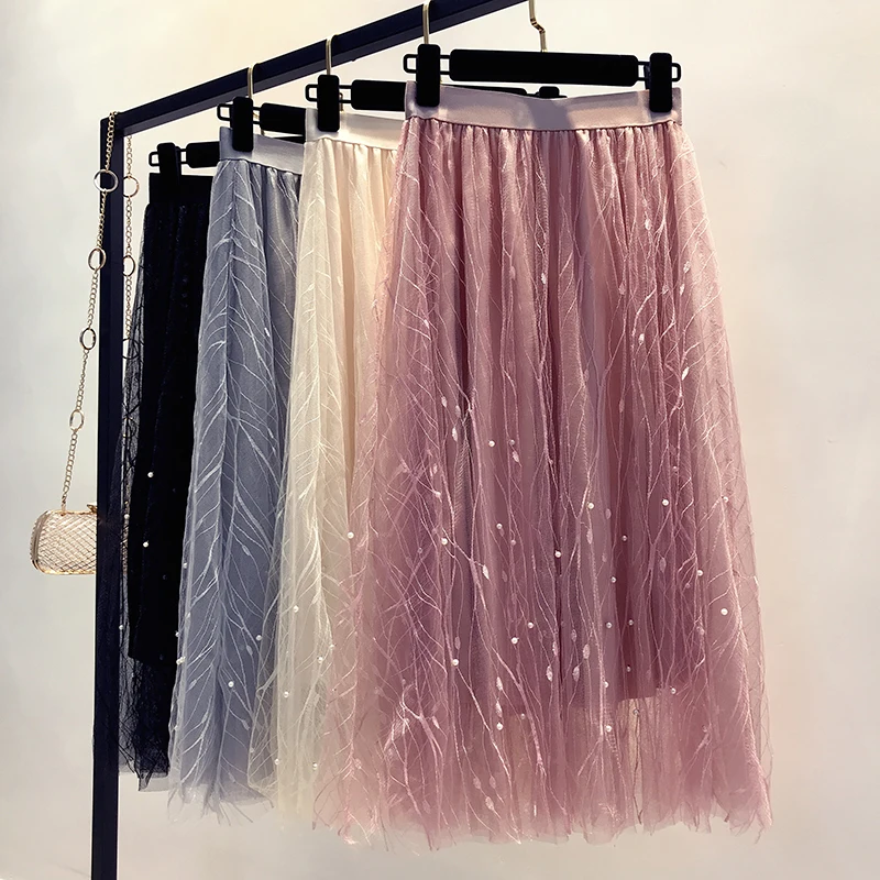 2018 summer new female beading lace stitching mesh skirt women's elastic waist long section Pleated skirts
2018 summer new female beading lace stitching mesh skirt women's elastic waist long section Pleated skirts