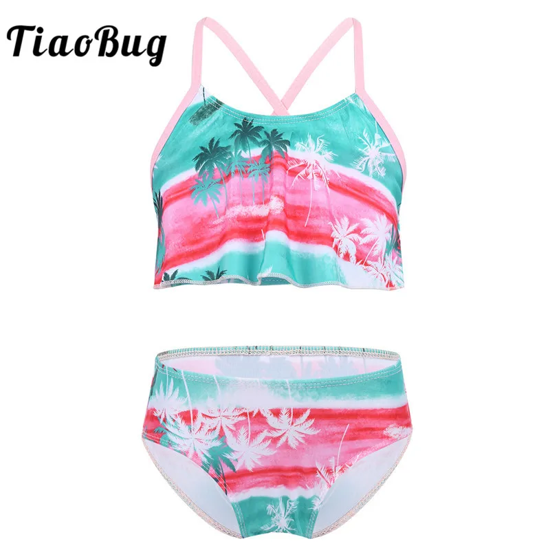 

TiaoBug Kids Girls Tankini Tropical Palm Printed Flounce Swimsuit Swimwear Children Tops with Bottoms Beachwear Bathing Suit Set