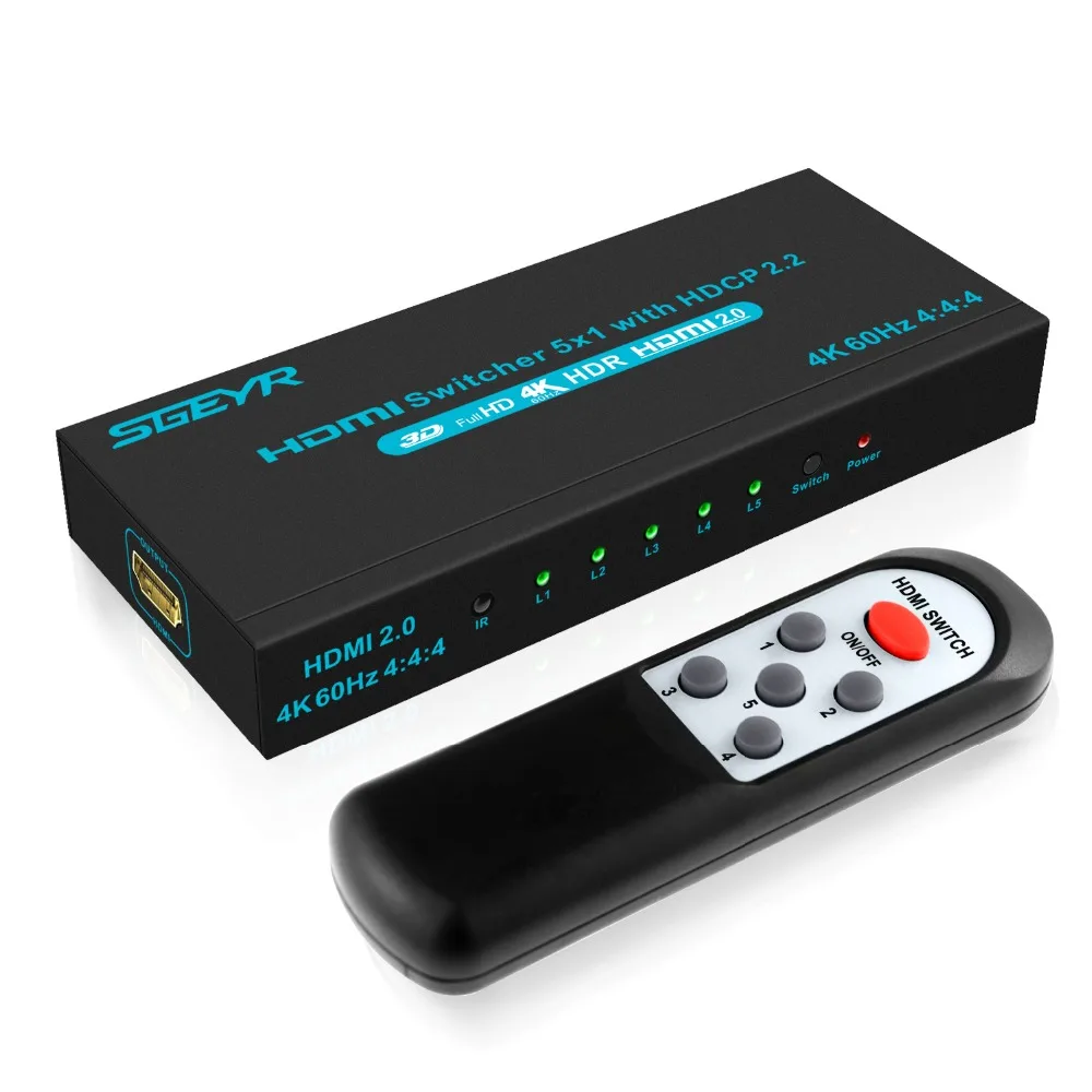 5 Port HDMI Splitter 5X1 HDMI 2.0 Switch Hub Box 4K@60Hz HDR 4:4:4 HDMI 2.0 HDCP2.2 18Gbps for HDTV Xbox 360 PS4
5 Port HDMI Splitter 5X1 HDMI 2.0 Switch Hub Box 4K@60Hz HDR 4:4:4 HDMI 2.0 HDCP2.2 18Gbps for HDTV Xbox 360 PS4