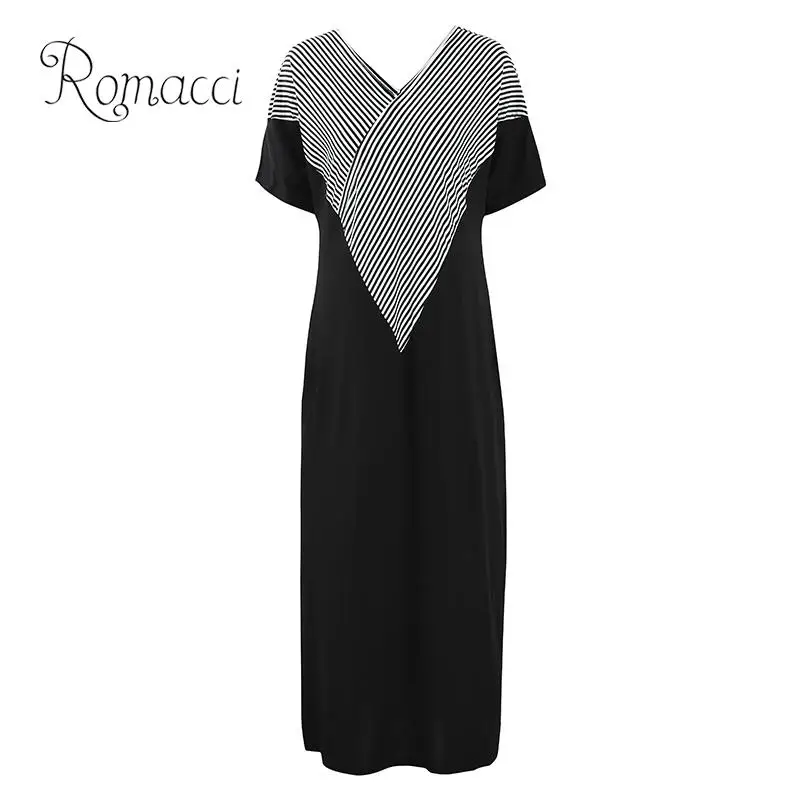 Romacci модное свободное Полосатое Макси платье с v образным вырезом и коротким