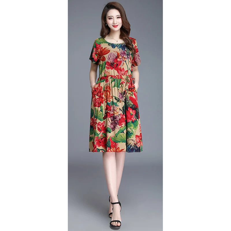 New middle-aged women's dress bamboo cotton dress fashion printing large size slim floral dress Female A354
New middle-aged women's dress bamboo cotton dress fashion printing large size slim floral dress Female A354