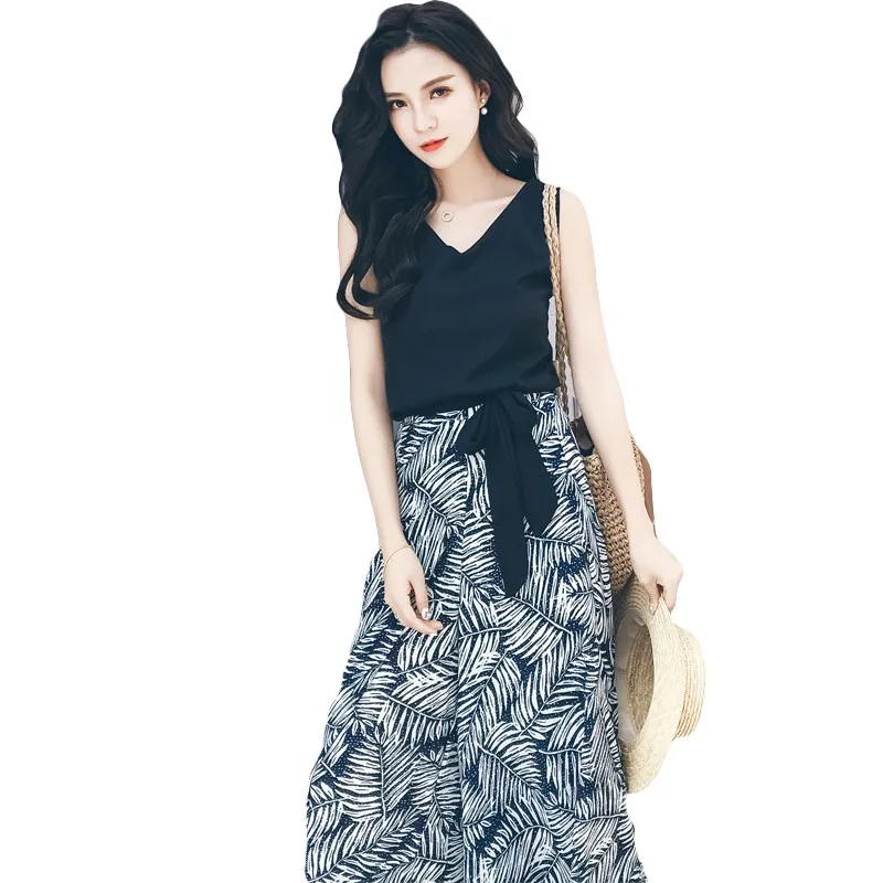 Costumes 2018 Temperament Fashion Summer New Bow Chiffon V-Neck Sleeveless Shirt + Striped Wide Leg Pants Two Piece Skirt Set
Costumes 2018 Temperament Fashion Summer New Bow Chiffon V-Neck Sleeveless Shirt + Striped Wide Leg Pants Two Piece Skirt Set