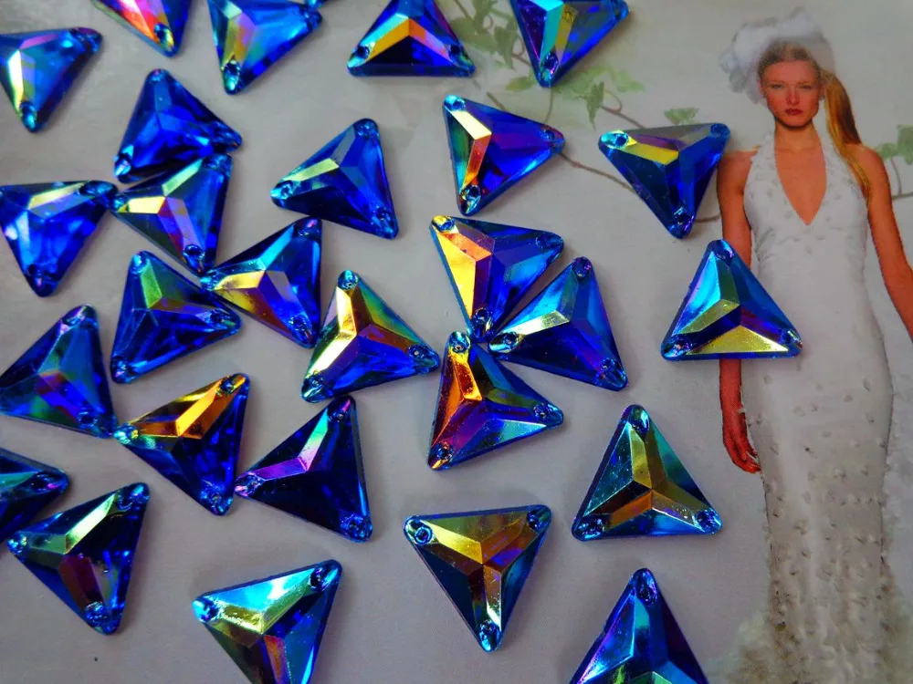 

100pcs gem stones deep blue sew on rhinestones triangle shape 14mm crystals flatback dress accessory