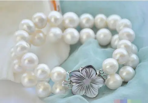 2row 8 "12mm round white freshwater cultured pearl bracelet @ ^ noble style Natural fine jewe Free Shipping