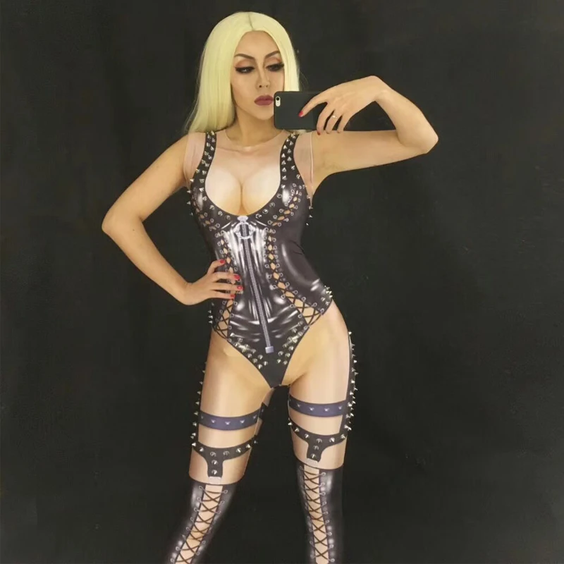 Female Singer Mermaid Diving Leather Rivets Fake Exposed Flesh Jumpsuit Stage Costume Women One-Piece Nightclub Dress DJ321
Female Singer Mermaid Diving Leather Rivets Fake Exposed Flesh Jumpsuit Stage Costume Women One-Piece Nightclub Dress DJ321