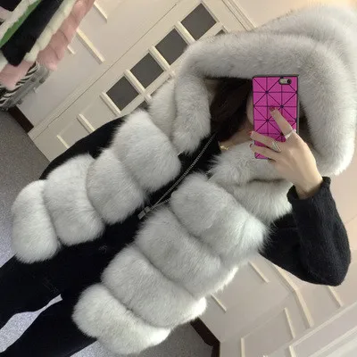2018 winter coat Faux silver fox fur hooded vest stripe medium-long large size women faux waistcoat | Женская одежда