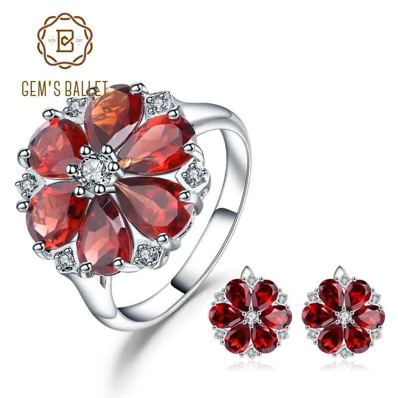 GEM'S BALLET Solid 925 Sterling Silver Earrings Ring Set Natural Red Garnet Flower Jewelry Set For Women Wedding Fine Jewelry
GEM'S BALLET Solid 925 Sterling Silver Earrings Ring Set Natural Red Garnet Flower Jewelry Set For Women Wedding Fine Jewelry