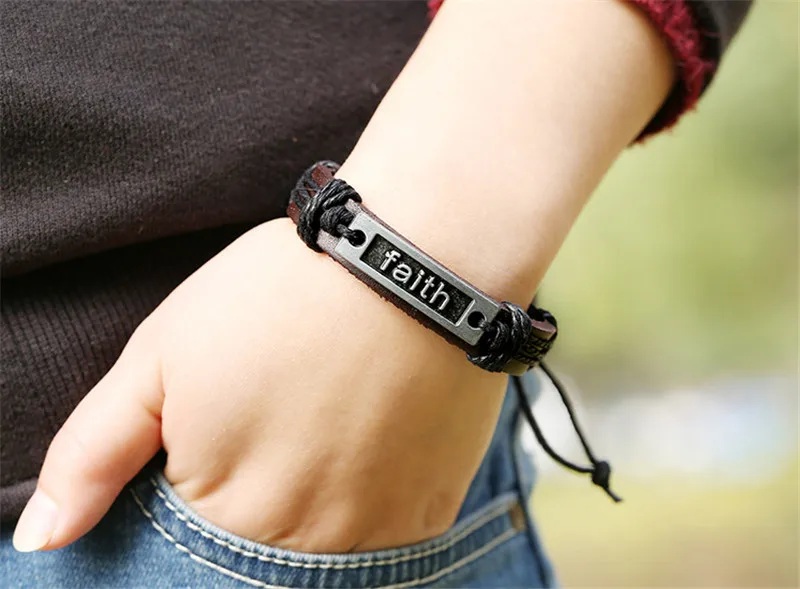 ZORCVENS Faith Charm черные браслеты из веревки и кожи для мужчин Браслет манжета Braclet