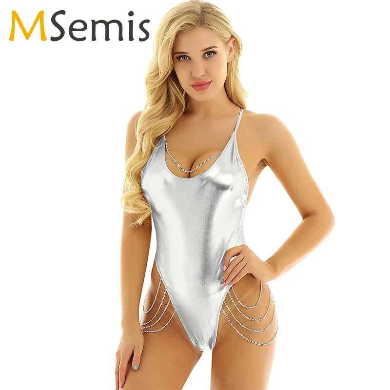 Women Shiny Metallic One Piece Bodysuits Spaghetti Straps Backless Jumpsuit Romper with Metal Chain Sexy Disco Hologram Leotards
Women Shiny Metallic One Piece Bodysuits Spaghetti Straps Backless Jumpsuit Romper with Metal Chain Sexy Disco Hologram Leotards